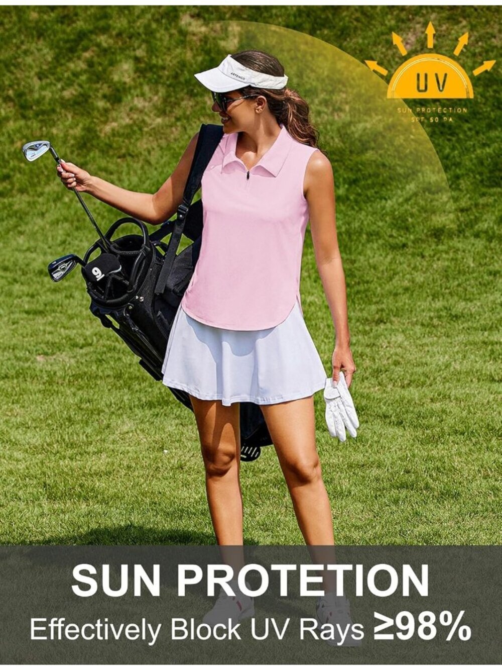 Women's Light Pink Sleeveles Golf Shirt UPF 50+ Quick Dry Tennis Polo Top Active - Picture 4 of 6